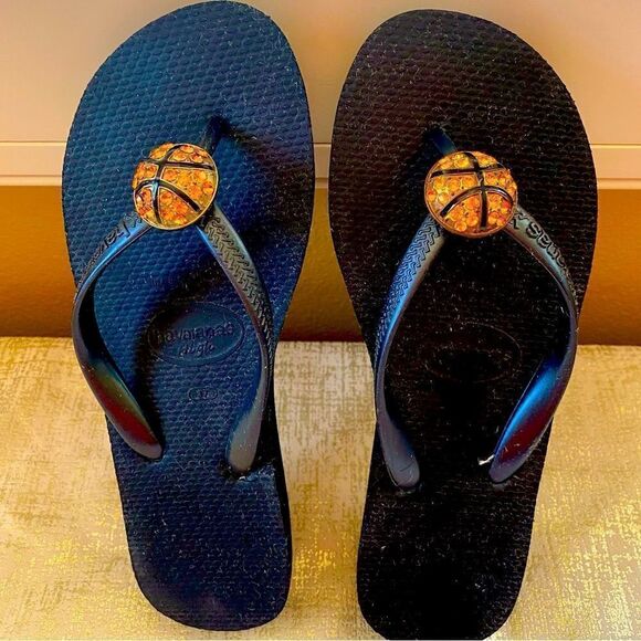 🩴Havaianas Black Wedge Flip Flops rhinestone basketball embellishments EUC Sz 7 - Picture 1 of 6